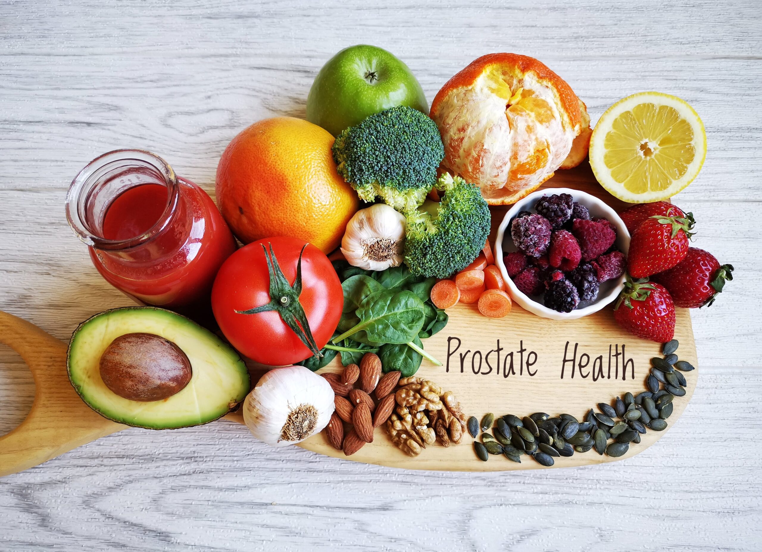 fruits and vegetables around prostate health sign.