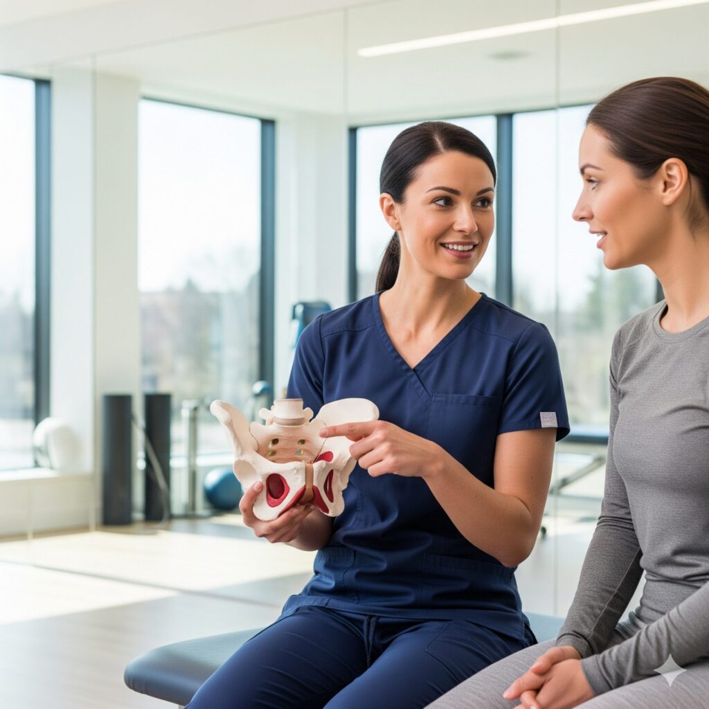 PFTteaching Urologists in Orange County CA a woman teaching a patient aboutpelvic floor therapy holding a pelvic model