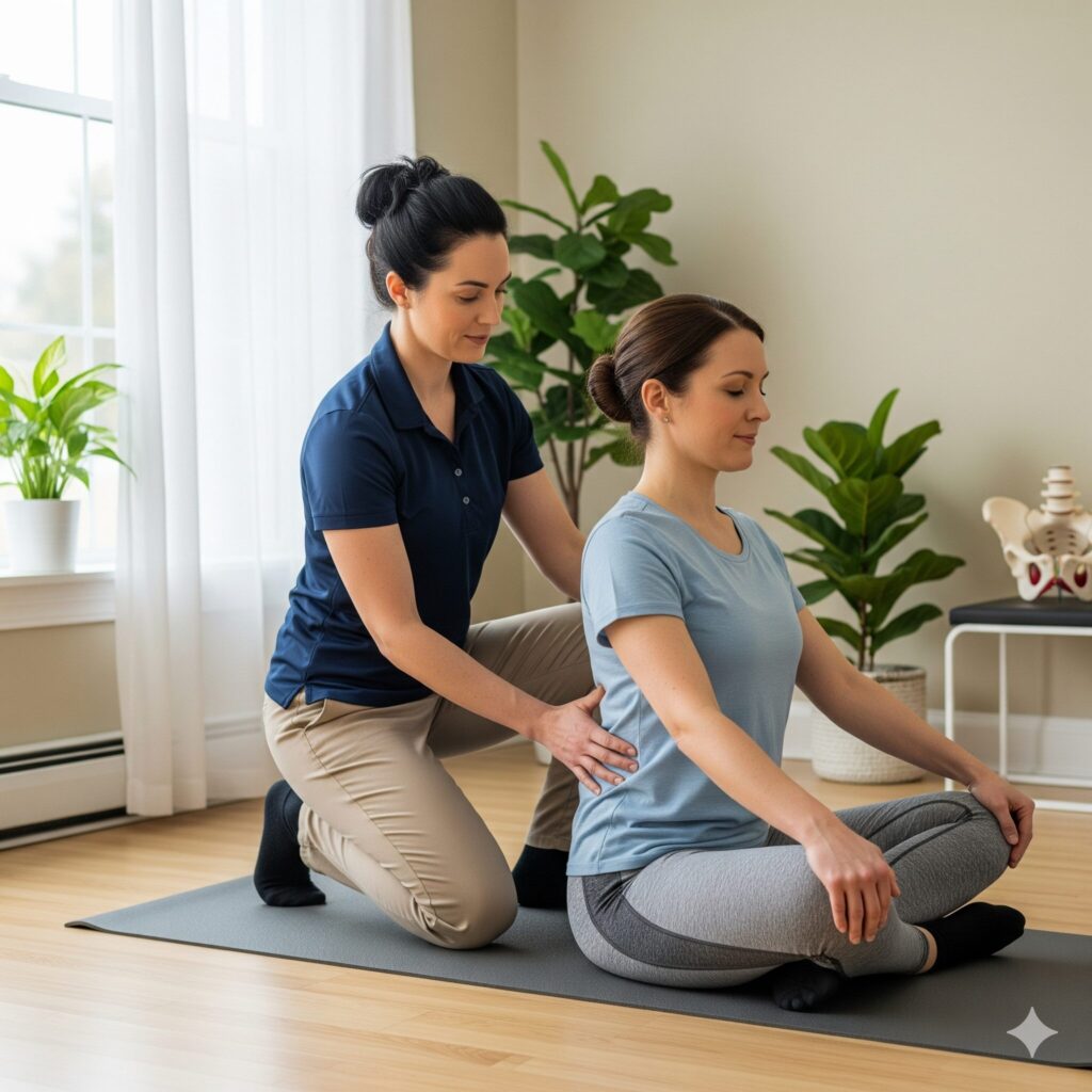 PFTyoga Urologists in Orange County CA a woman performing pelvic floor therapy on a female patient in a yoga pose