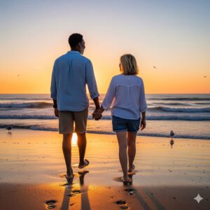 a couple walking on the beach during sunset