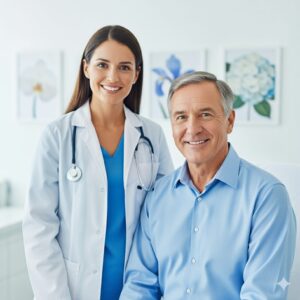 a happy male patient with his doctor
